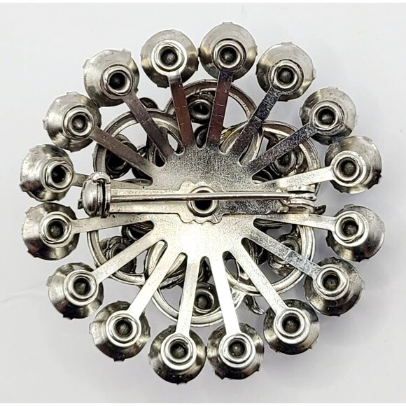 Brooch Pin Blue Rhinestone Layered Cluster Silver Tone Round Sparkly Mid-Century - Picture 5 of 8
